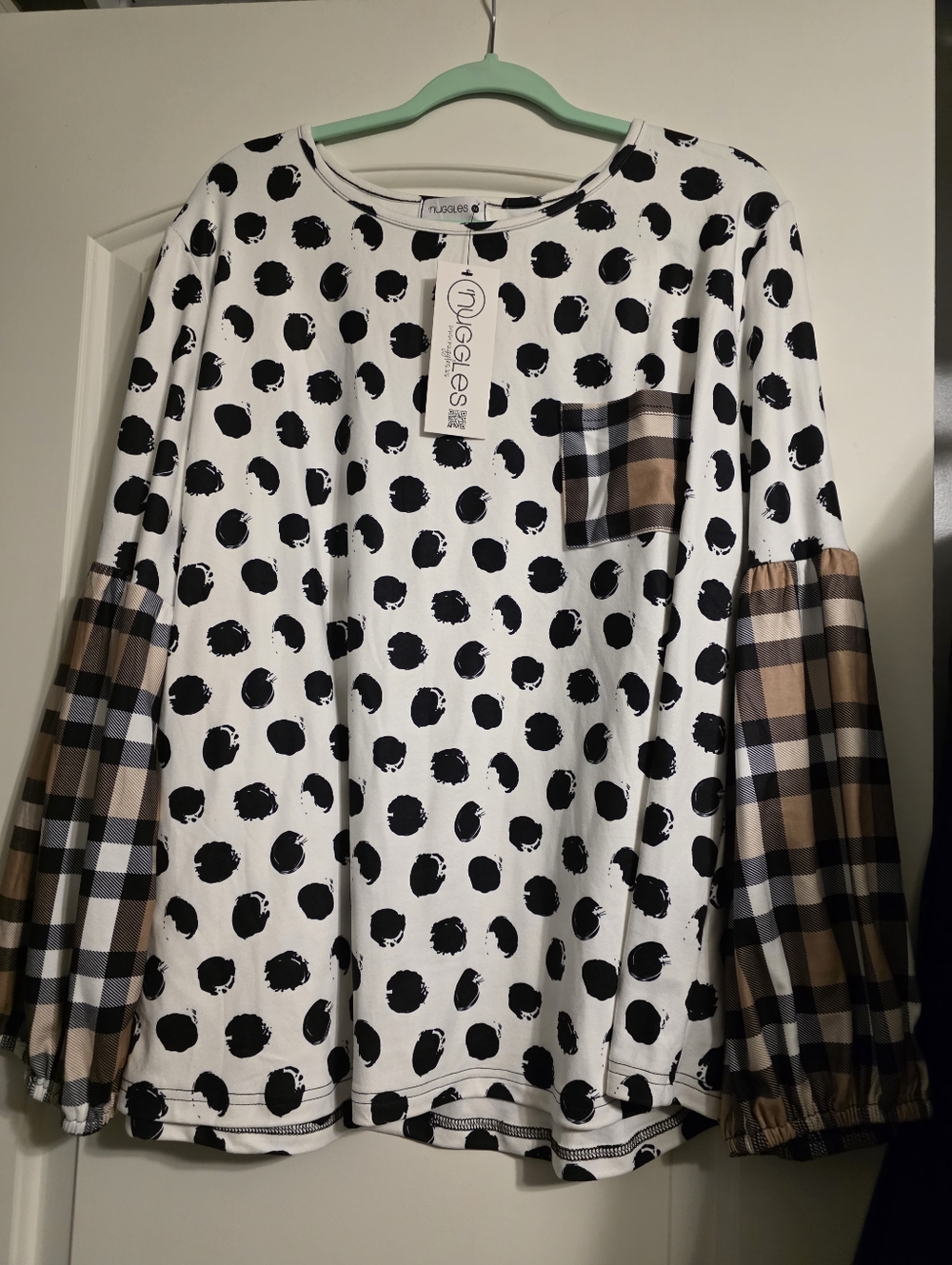 Nuggles Polka Dot Top with Plaid Sleeves - Black & Cream